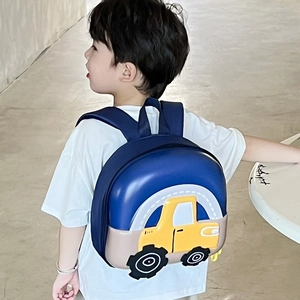 Cute dark blue kids EVA hardshell car backpack shown on child model for preschool