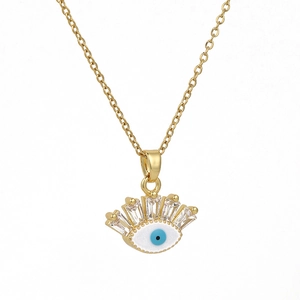 Gold evil eye necklace with rectangular zircons and blue enamel charm on white background
