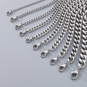 Polished silver stainless steel Cuban link chains in various widths with lobster clasps