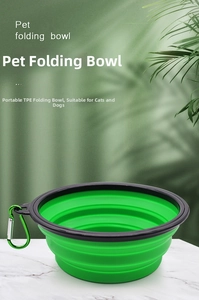 Portable green TPE folding pet bowl with metal carabiner on marble surface