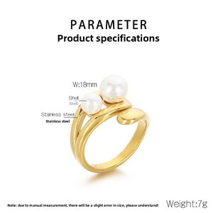 Detailed view of irregular double gold ring with white shell pearls and 18mm width dimension