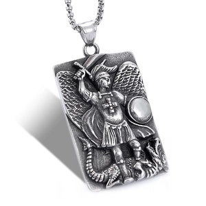 Nordic Saint Michael slaying dragon embossed rectangular pendant in vintage steel