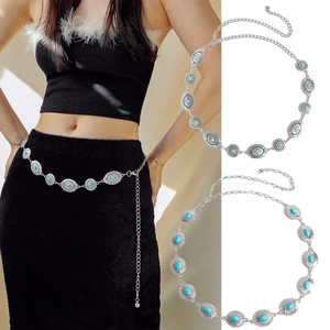 Vintage Bohemian Silver Metal Waist Chain Belt With Round Turquoise Ornaments Adjustable Exquisite Belly Chain For Women Dresses