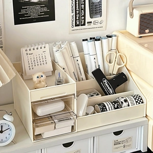 Detail of drawer storage box with multi-grid compartments for stationery and makeup