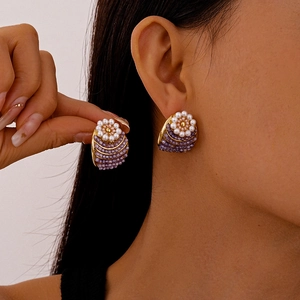 Vintage French Style Purple Glass Beaded Flower Stud Earrings With Simulated Artificial Pearl And Silver Earring Post For Women
