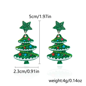 Detail showing dimensions of green glitter Christmas tree acrylic earrings with star decor
