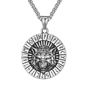 Nordic Viking wolf head pendant necklace with rune circle on a silver box chain