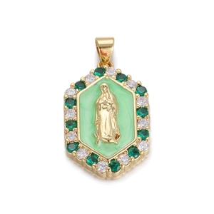 Detailed view of Virgin Mary hexagon pendant with green inlay and sparkling cubic zirconia