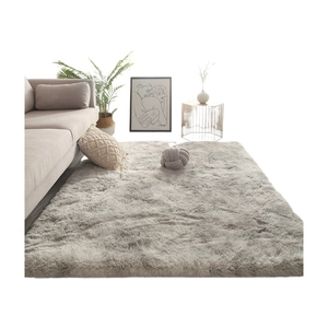 Plush light grey Nordic style bedroom carpet with soft long-pile faux fur texture