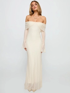 Elegant off-shoulder lace maxi dress with bell sleeves and mermaid silhouette in cream white