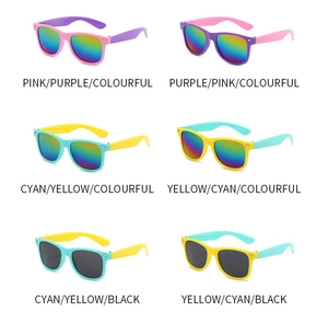 Selection of colorful kids' sunglasses in various frame combinations and tinted lenses
