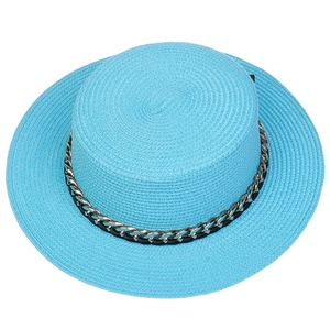 Detailed top view of sky blue straw flat-top hat featuring a golden chain decoration