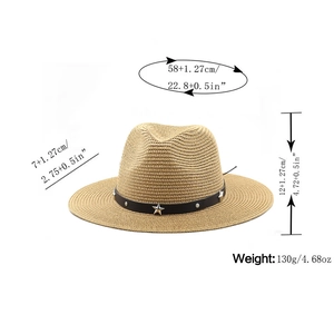 Detail of straw cowboy hat featuring black leather band with silver star and dot studs