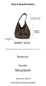 Detailed size chart for large leopard print suede hobo bag showing 35x37.5x12cm dimensions