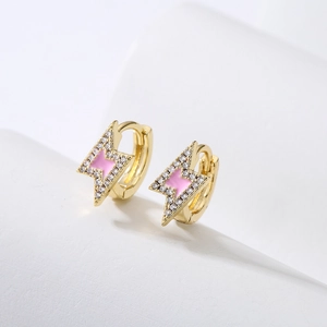 Minimalist 18K gold plated lightning bolt hoop earrings with pink enamel and zircons