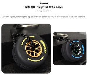 Detailed close-up of mini rubber tire keychains with gold and aurora metal wheel rims
