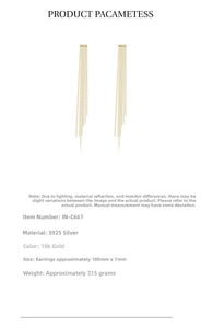 Detailed view of 925 sterling silver golden tassel earrings with precise dimensions
