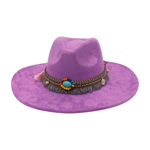 Cappello Fedora da Donna in Camoscio Etnico Bohemien Tesa Larga Piatta Retrò Jazz Con Fascia di Perline e Nappe Turchesi