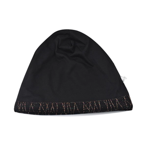 Detail of black knit beanie featuring rainbow tinsel trim and size L woven label tag