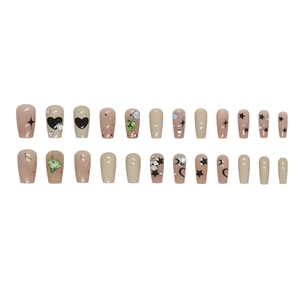 Short ballet nails with nude pink stars, moons and heart charms, 24pcs press-on set