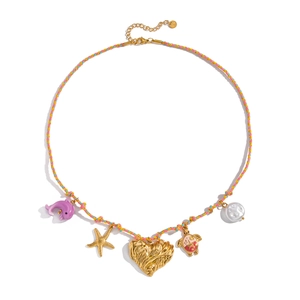 Detailed top view of a colorful hand-woven cord necklace with vibrant ocean-themed charms
