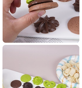 Detailed view of realistic artificial cookies in chocolate and matcha colors for props