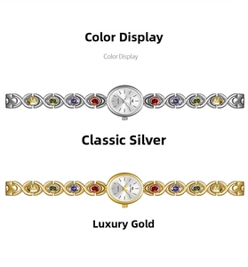 Detail of silver and gold vintage oval watches with multi-color gemstone X-link bands