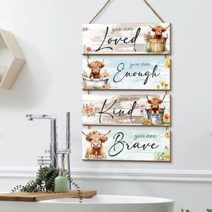 Pastoral Highland Cow Wooden Wall Decor Flower Pattern Inspirational Quotes Hanging Sign For Home Bathroom Decoration