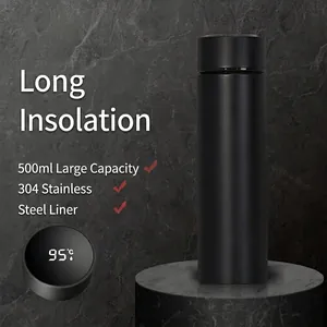 Black 500ml smart thermos bottle with LED temperature display and 304 stainless steel