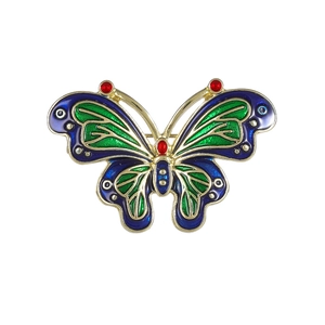 Elegante broche de mariposa con alas de esmalte verde y detalles rojos en oro