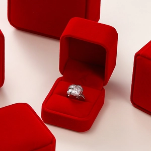 Silver ring with square white gemstone in a premium red velvet jewelry box gift set