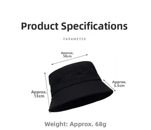 Detailed size parameters of a black mesh bucket hat showing brim and height dimensions