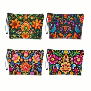 Vierteiliges Set Kosmetiktaschen im Tag der Toten Design mit Handschlaufen