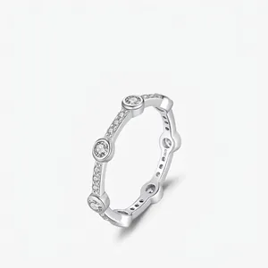 Geometric 925 Sterling Silver Ring For Women Sparkling Round Cubic Zirconia Half Eternity Band Elegant Jewelry Gift
