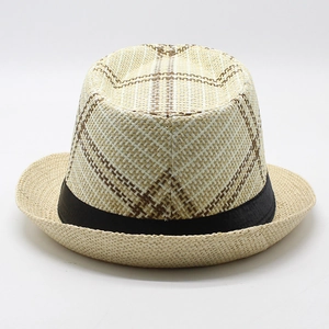 Plaid straw fedora hat with black ribbon for men in light beige summer vacation style