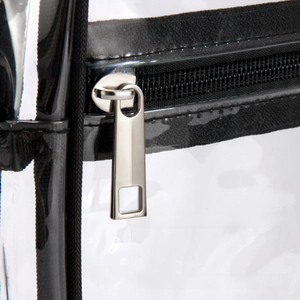 Close-up of durable nylon zipper and silver metal puller on transparent PVC crossbody bag