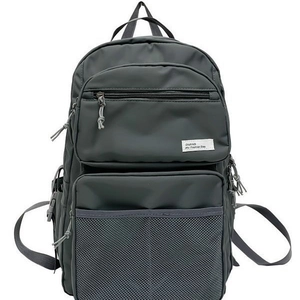 Minimalist grey large capacity student backpack with multiple pockets and mesh compartment