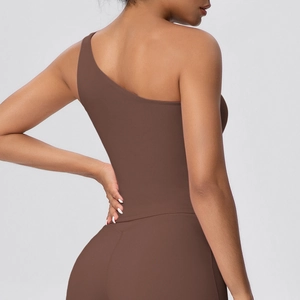 Deep coffee one-shoulder yoga set with high-stretch top and high-waist fitness leggings