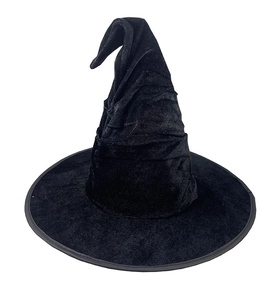Detailed close-up of the pleated black velvet texture on this pointy witch hat accessory