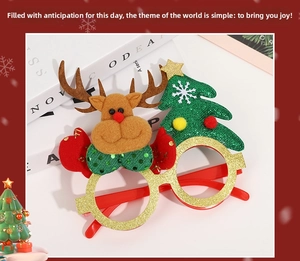 Detail of Christmas glasses with reindeer antlers and sequined trees on gold glitter frame