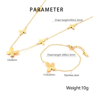 Detailed size parameters for gold stainless steel butterfly necklace and bracelet set