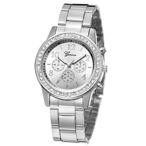 Close-up of Geneva women's quartz watch with crystal-set bezel and silver dial details