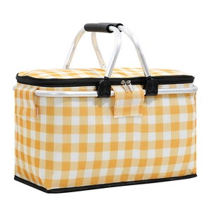 Foldable insulated picnic basket with yellow white gingham pattern and aluminum handles
