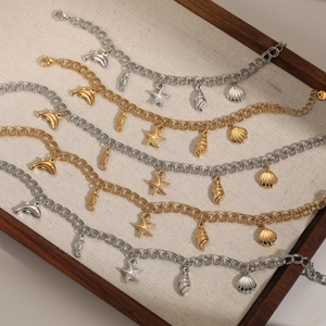 Ocean theme stainless steel bracelet set with starfish, dolphin and shell charms