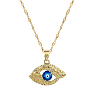 Luxury gold titanium steel necklace with blue Evil Eye pendant and clear cubic zirconia