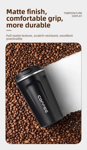 Close-up of matte black coffee tumbler with digital temperature display on the lid
