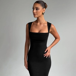 Robe Longue Moulante Sans Manches À Col Carré Élégante Couleur Unie Haute Élasticité Polyester Spandex Pour Femmes