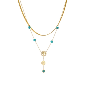 Double-layered gold-plated stainless steel chain necklace with tree of life and turquoise