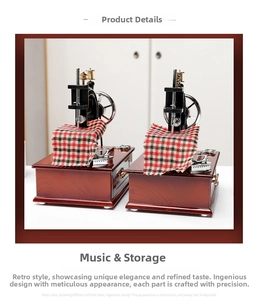 Detail of vintage sewing machine music box with dark wood grain base and storage drawer