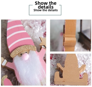 Three-way detailed view showing the front, side, and wooden base of a pink Christmas gnome
